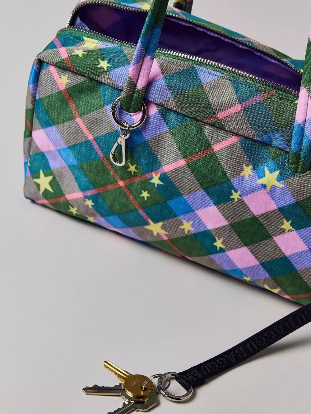NWT Baggu Regular Nylon Bowler Bag - Green Star Plaid - Picture 10 of 11